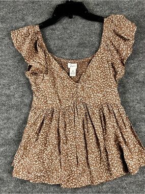 Japna Brown Leopard Print Smocked Peplum Top Ruffle Cap Sleeve Women’s XS